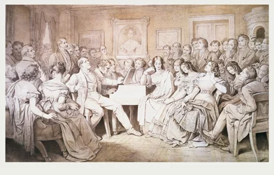En kväll hos baron von Spaun: Schubert vid pianot bland sina vänner, däribland operabarytonen Johann Vogl (1768-1840)